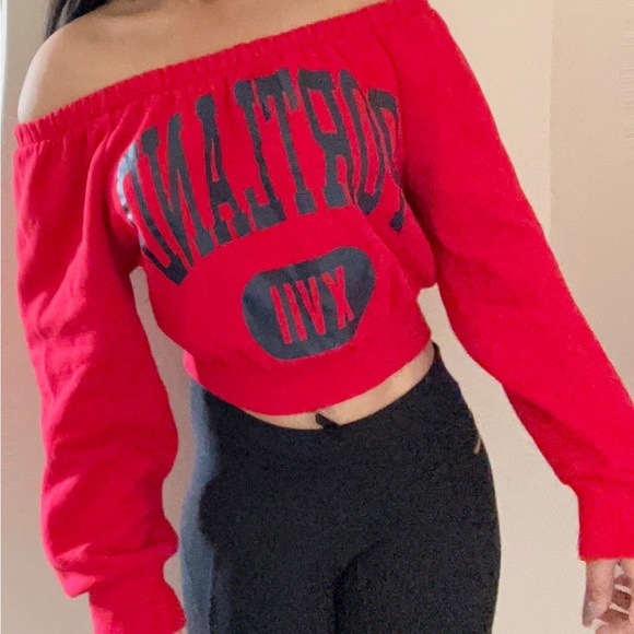 Red Off the Shoulder Sweater - Picture 3 of 4